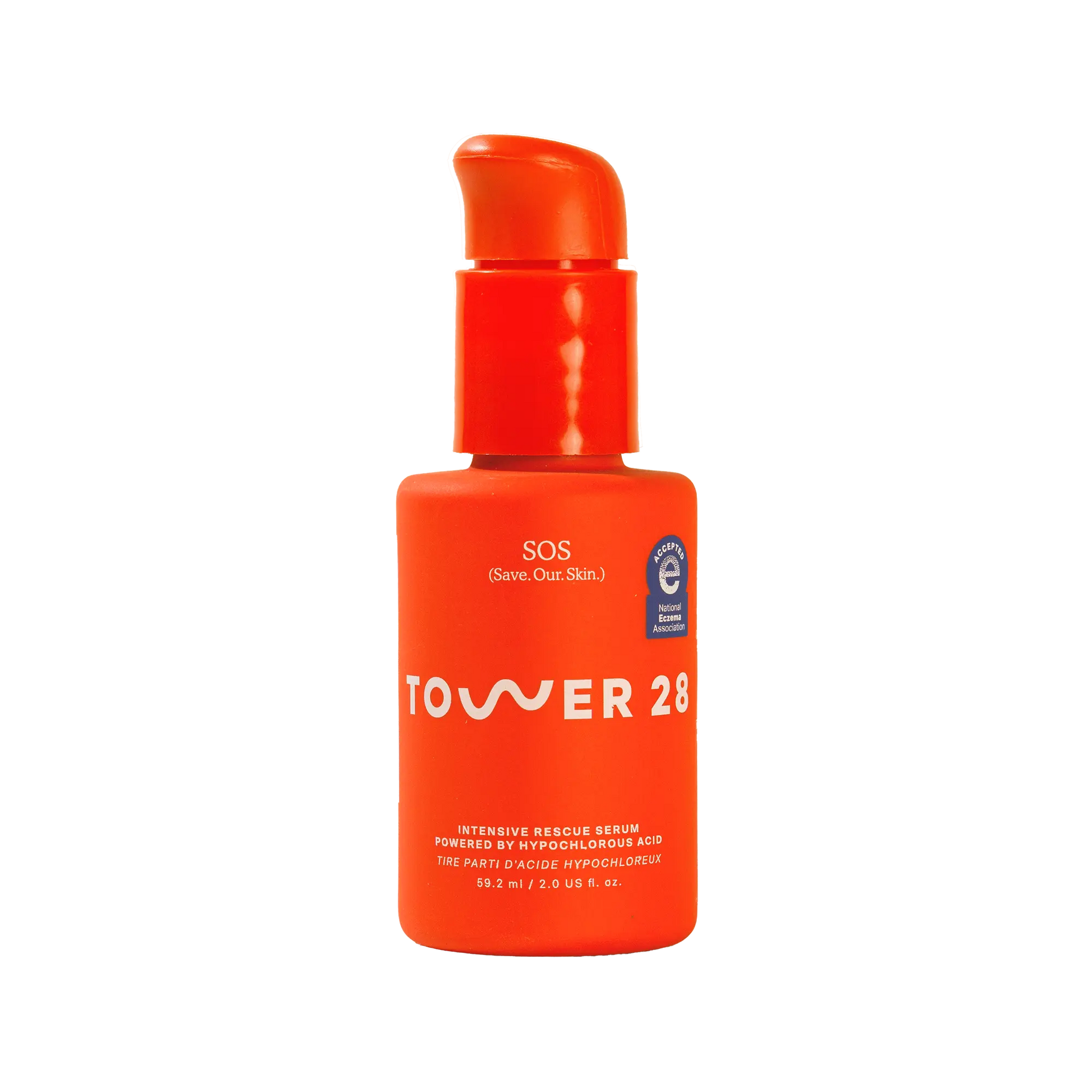 Orange bottle of Tower 28 SOS Rescue Serum on a white background [Shared]