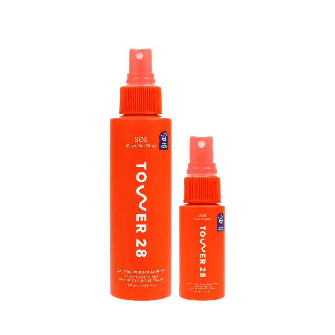 Tower 28 Beauty SOS Spray Duo featuring full-size (4oz) and travel-size (1oz). [Shared]
