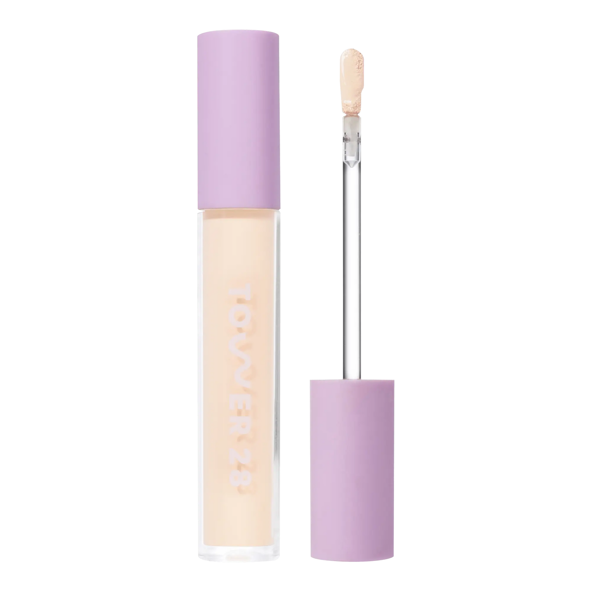 Tower 28 Beauty Swipe Serum Concealer in the shade 1.0 BH, shown with the tube standing upright next to the open applicator wand to reveal the product. [1.0 BH]