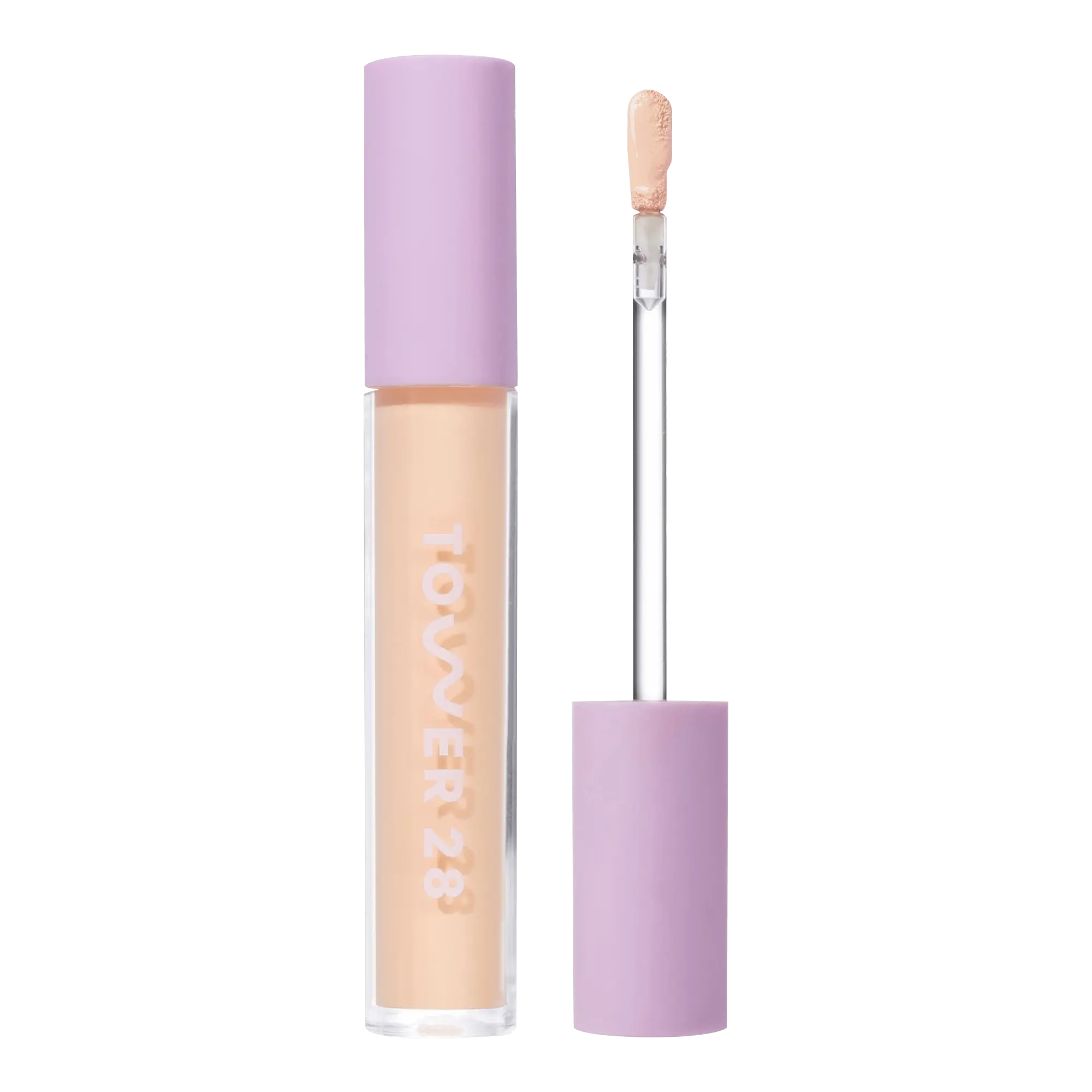 Tower 28 Beauty Swipe Serum Concealer in the shade 5.0 EP, shown with the tube standing upright next to the open applicator wand to reveal the product. [5.0 EP]