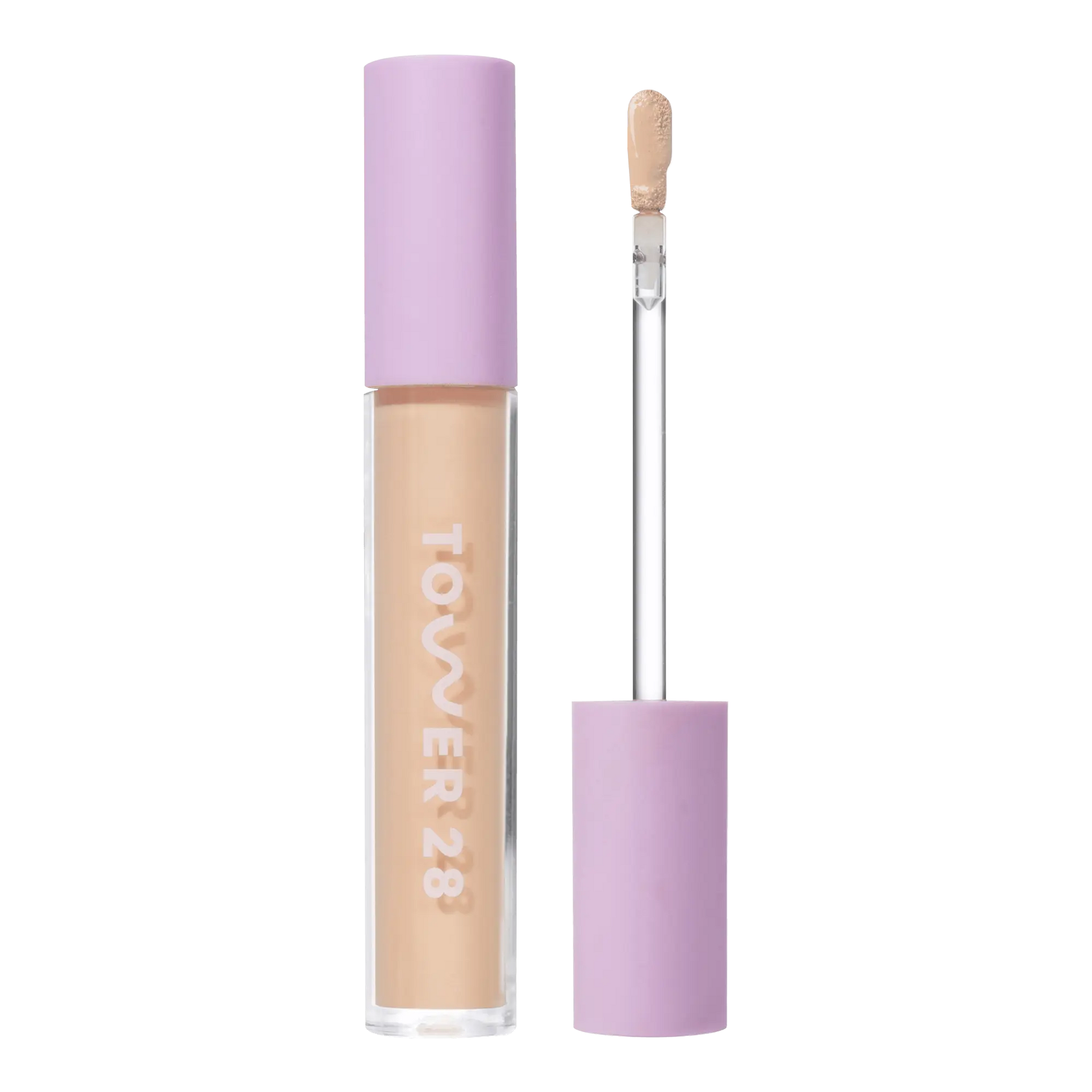 Tower 28 Beauty Swipe Serum Concealer in the shade 6.0 IE, shown with the tube standing upright next to the open applicator wand to reveal the product. [6.0 IE]