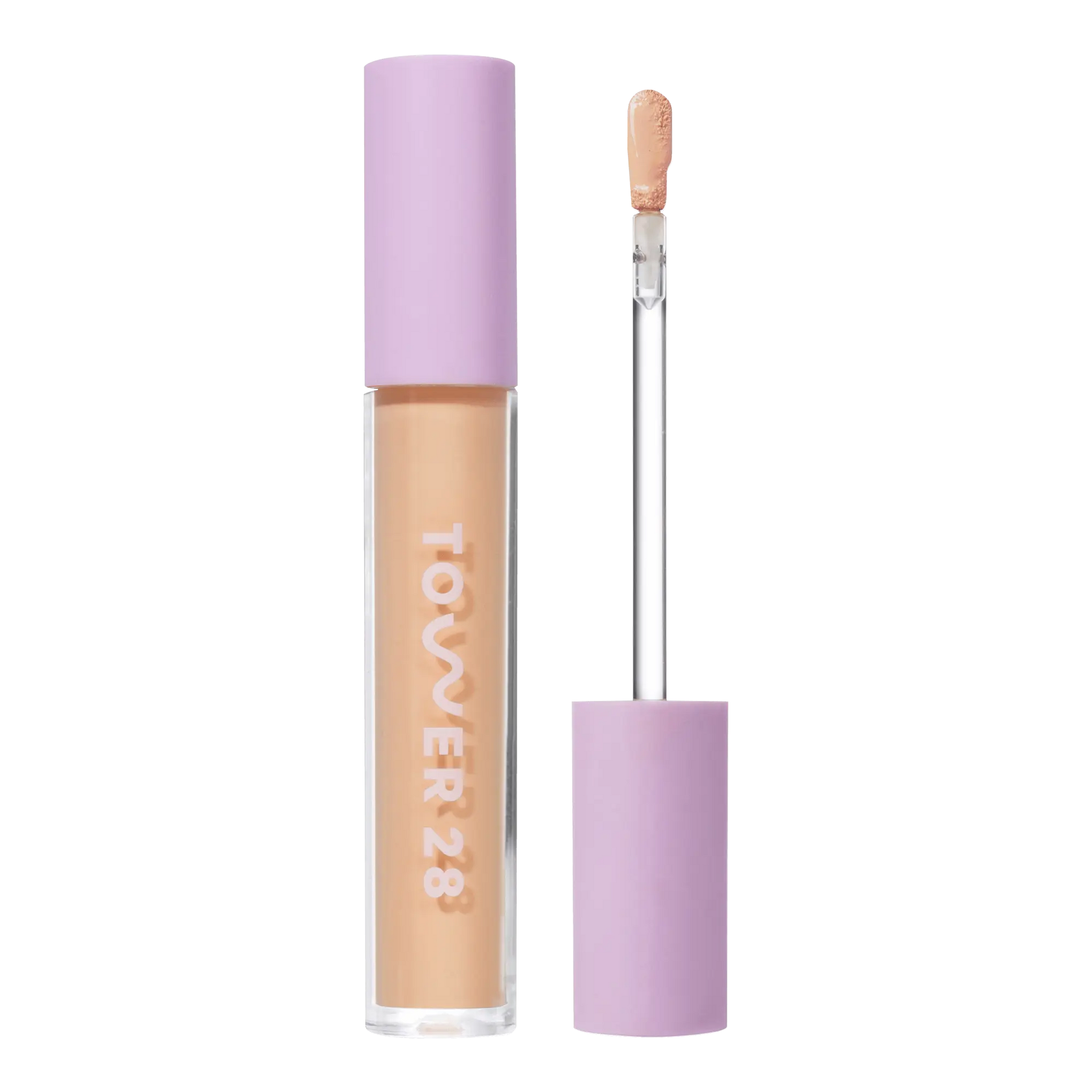 Tower 28 Beauty Swipe Serum Concealer in the shade 7.0 KTOWN, shown with the tube standing upright next to the open applicator wand to reveal the product. [7.0 KTOWN]