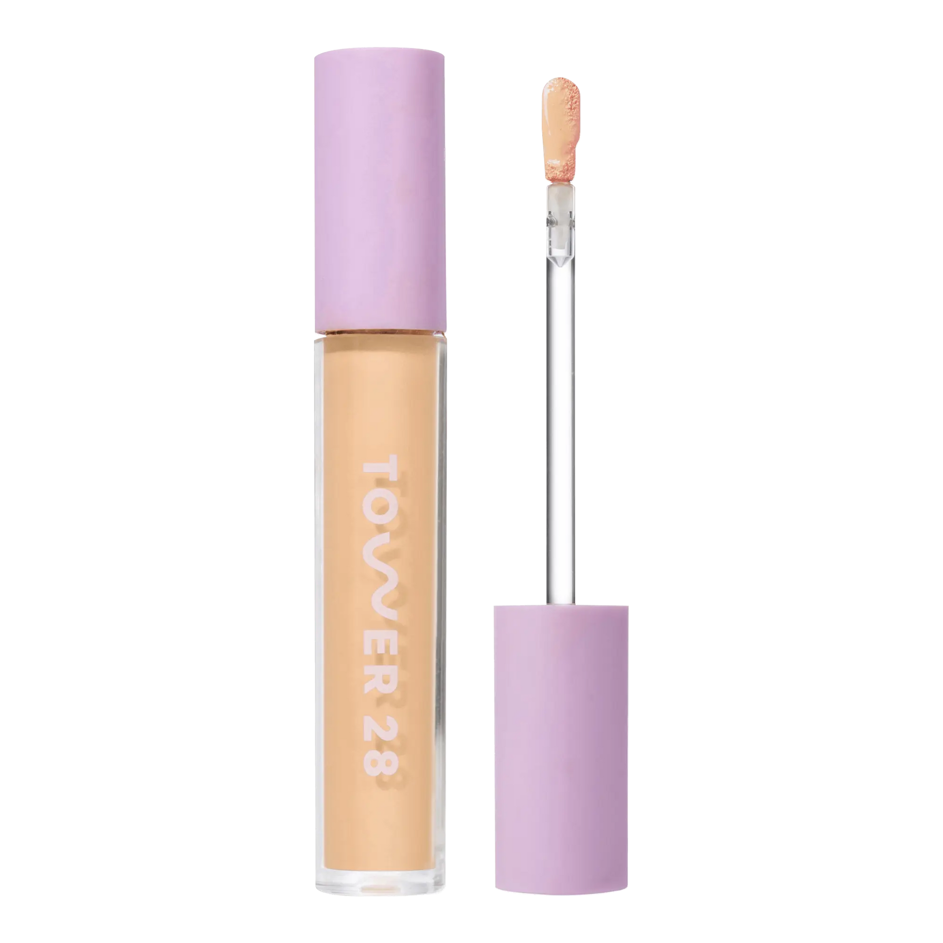 Tower 28 Beauty Swipe Serum Concealer in the shade 8.0 LBC, shown with the tube standing upright next to the open applicator wand to display the product. [8.0 LBC]