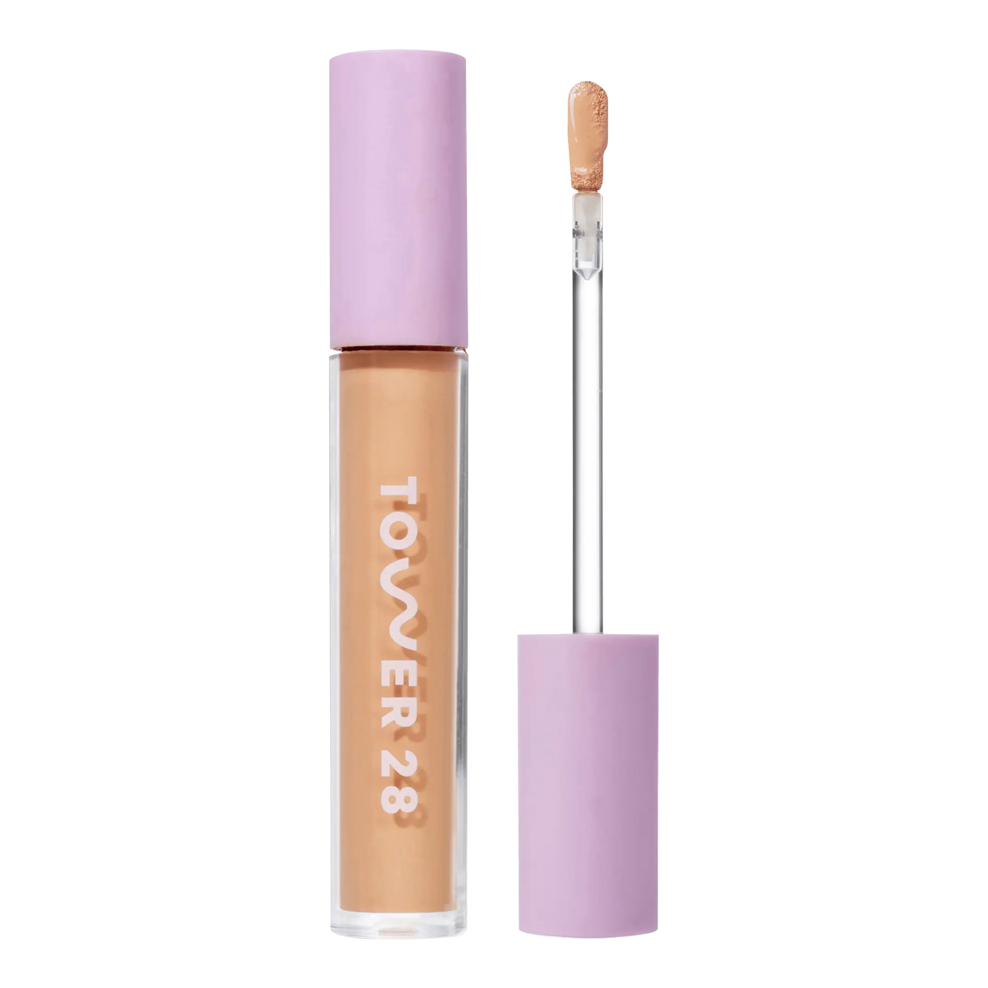Tower 28 Beauty Swipe Serum Concealer in shade 10.0 NOHO, with the tube standing upright next to the open applicator wand, revealing the product. [10.0 NOHO]