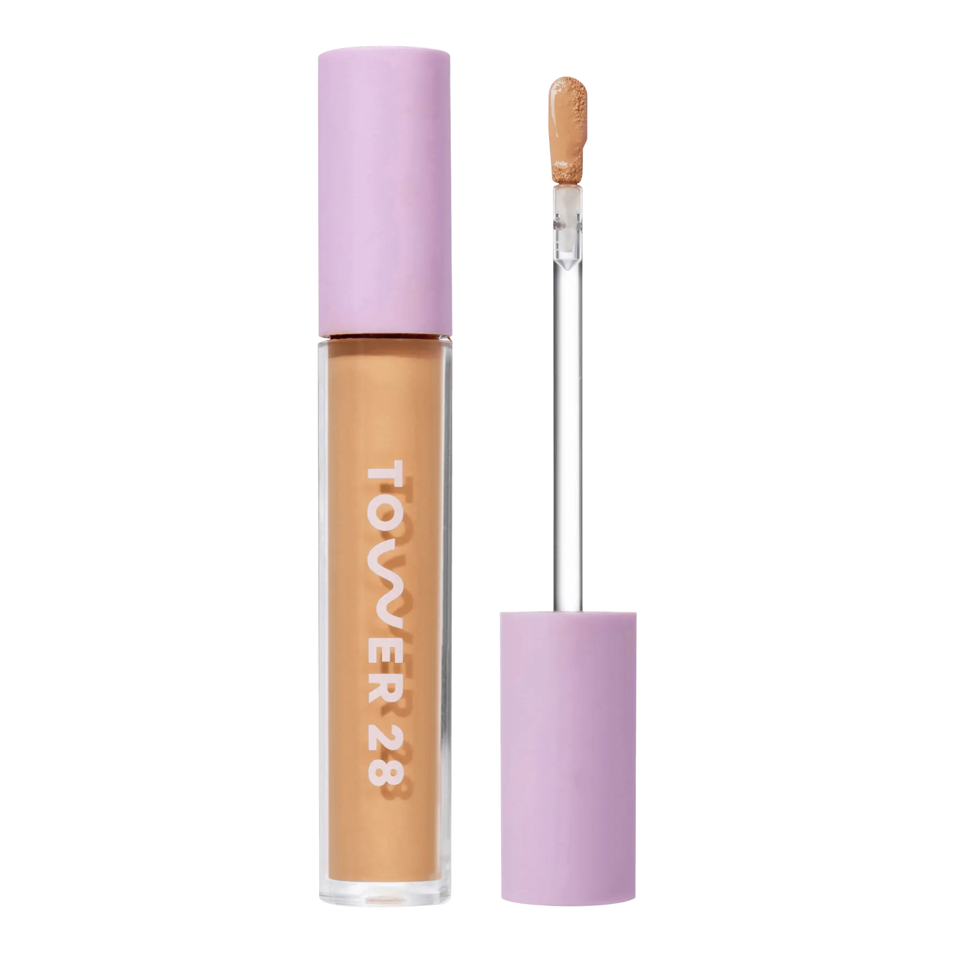 Tower 28 Beauty Swipe Serum Concealer in the shade 11.0 OC, shown with the tube standing upright next to the open applicator wand to reveal the product. [11.0 OC]