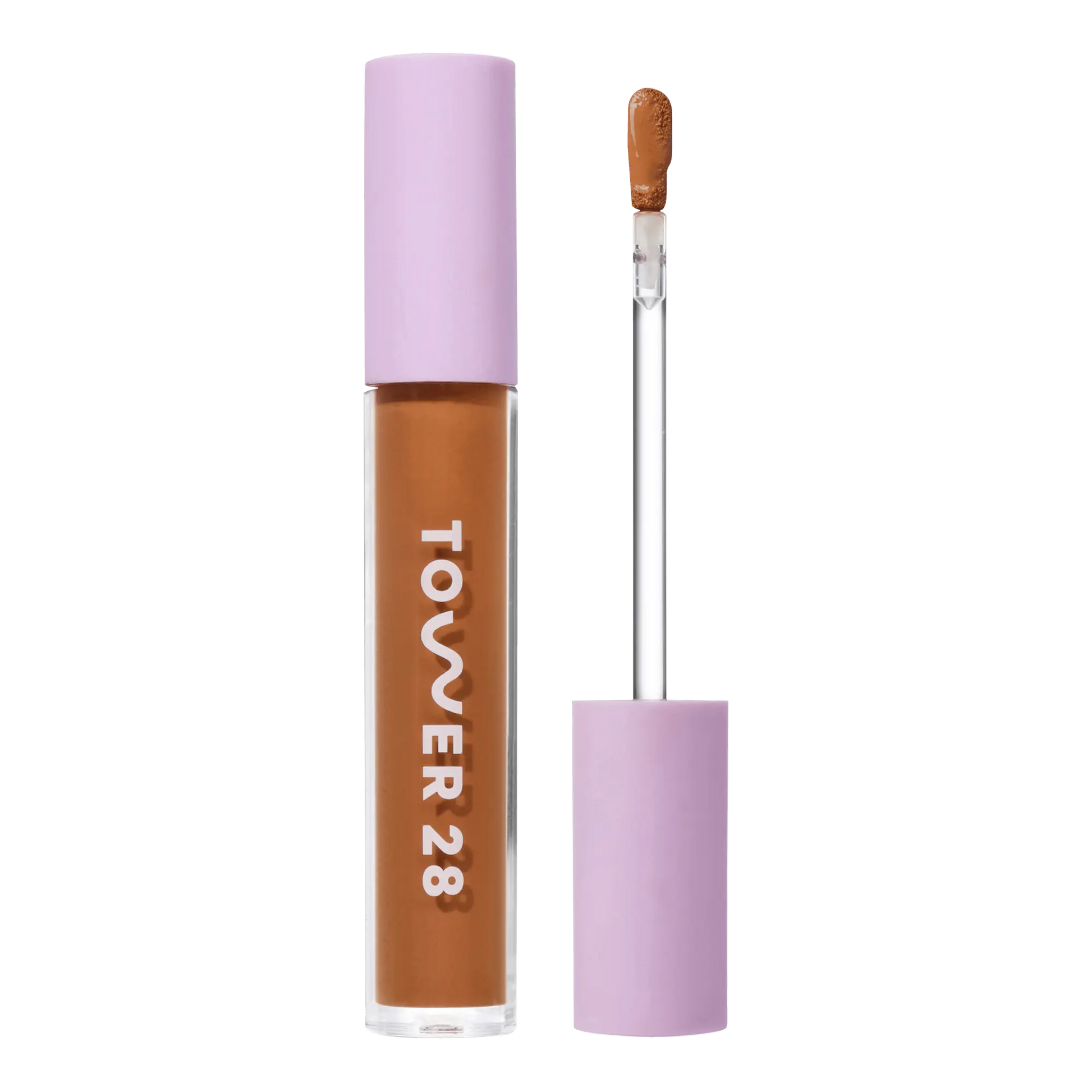 Tower 28 Beauty Swipe Serum Concealer in the shade 15.0 SAMO, shown with the tube standing upright next to the open applicator wand to reveal the product. [15.0 SAMO]