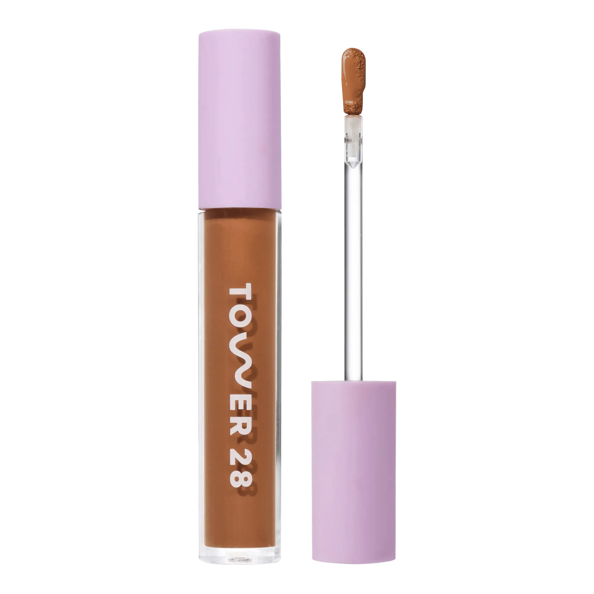Tower 28 Beauty Swipe Serum Concealer in the shade 16.0 SB, shown with the tube standing upright next to the open applicator wand to reveal the product. [16.0 SB]
