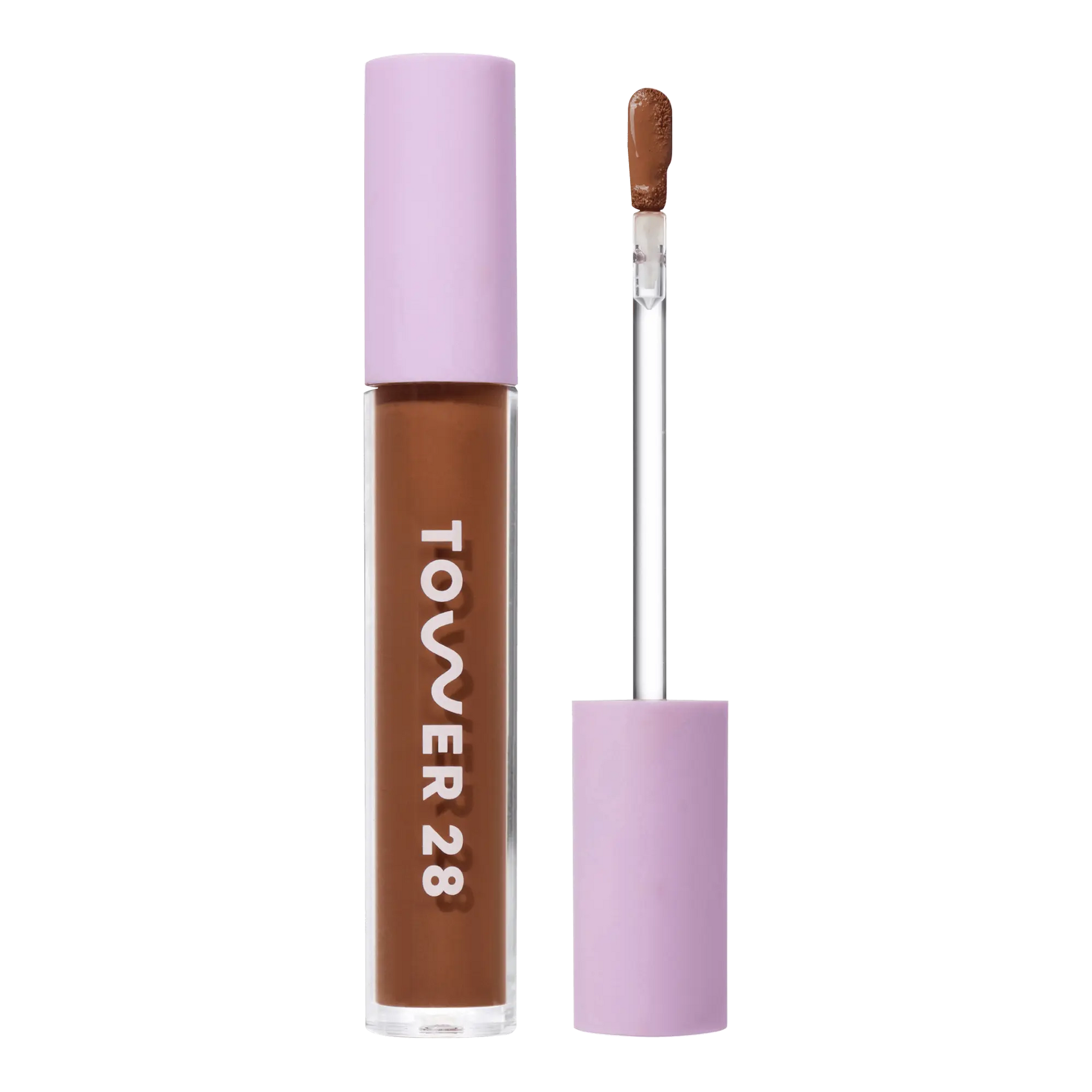 Tower 28 Beauty Swipe Serum Concealer in the shade 17.0 SD, shown with the tube standing upright next to the open applicator wand to reveal the product. [17.0 SD]