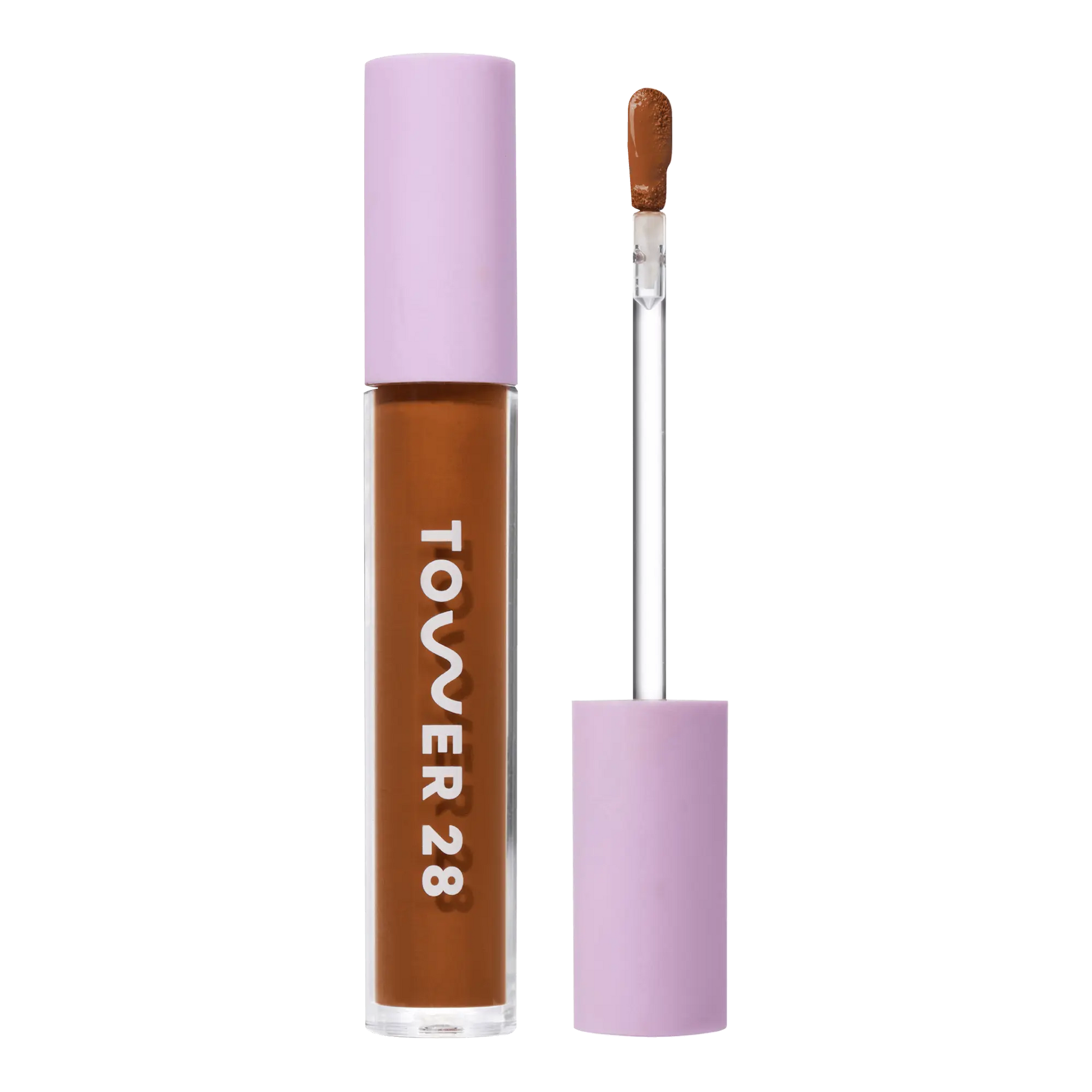 Tower 28 Beauty Swipe Serum Concealer in the shade 18.0 SGV, shown with the tube standing upright next to the open applicator wand to reveal the product. [18.0 SGV]