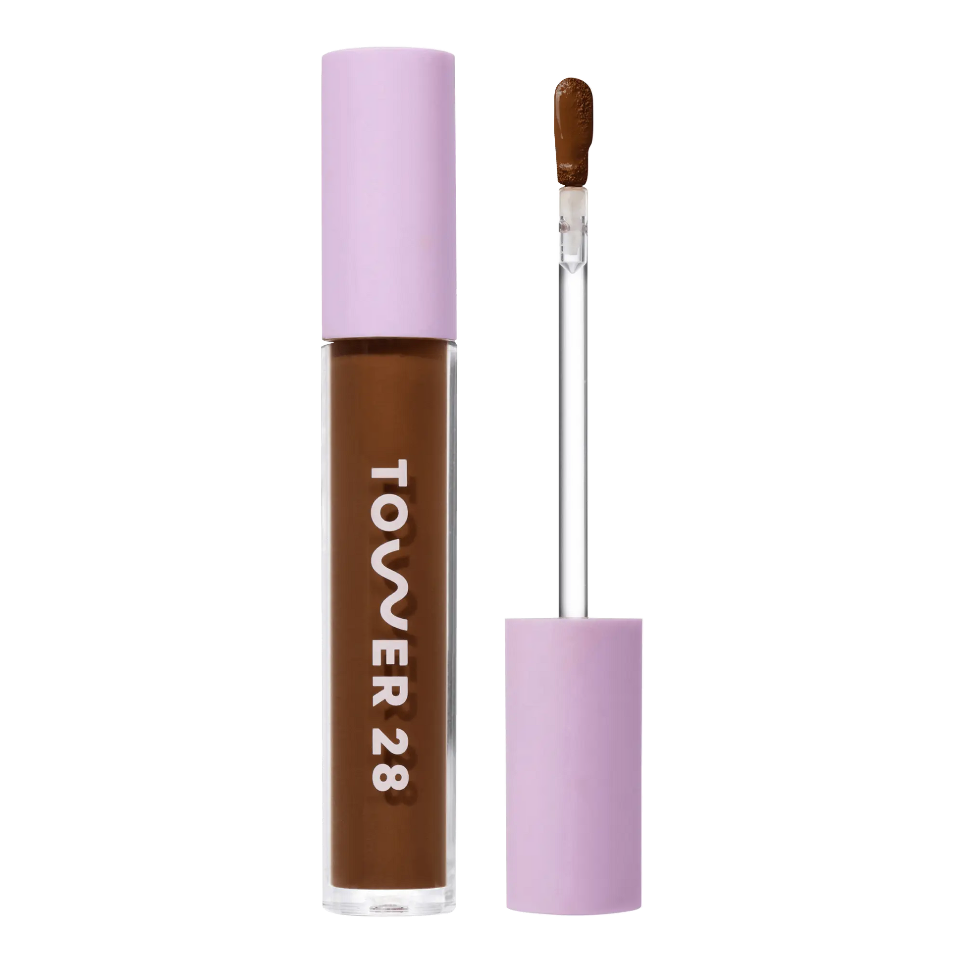 Tower 28 Beauty Swipe Serum Concealer in the shade 19.0 WEHO, shown with the tube standing upright next to the open applicator wand to reveal the product. [19.0 WEHO]