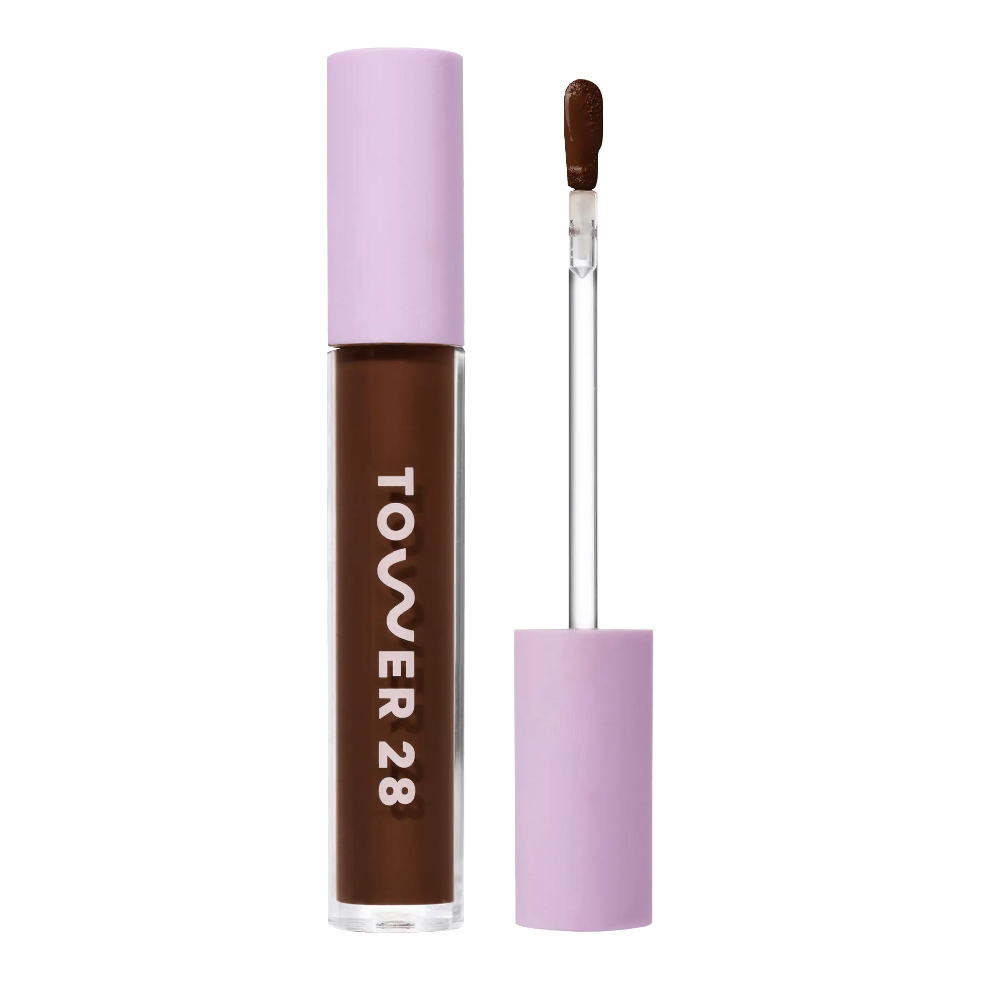 Tower 28 Beauty Swipe Serum Concealer in the shade 20.0 WLA, shown with the tube standing upright next to the open applicator wand to reveal the product. [20.0 WLA]